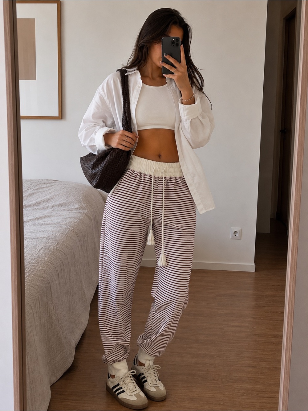 Moon River Striped Jogger Sweatpants Burgundy Cream Size S